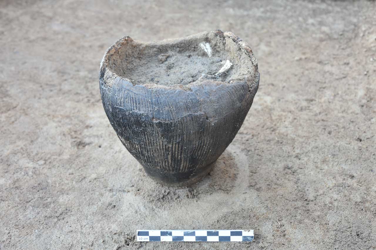 Tombe à urne en céramique découverte sur le chantier du Milavy en 2022.